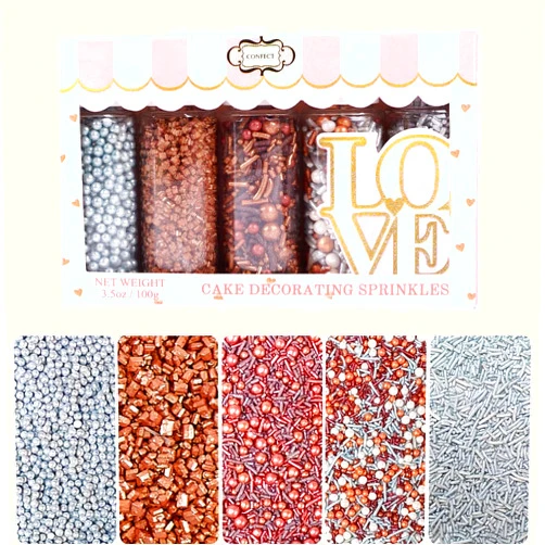 Confect Sprinkles - Confect Sprinkles for Cakes & Cupcakes Decoration Assorted pack of 5 Glam Sprinkles Mix Rose Gold, White & Sliver Pearl Dragees Copper & Sliver Jimmies Bronze Sparkling Sugar - 3.5 Oz