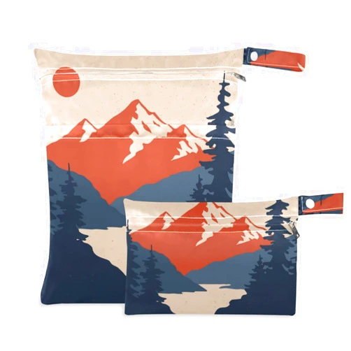 Kigai 2pcs Setting Sun Mountain Wet Dry Bags,Waterproof Reusable Cloth Diaper Wet Dry Bags for Travel,Diapers,Dirty Gym Clothes and Toiletries