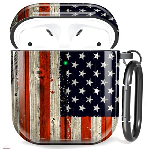 Sangkoo AirPod Case Cover for AirPod 2/1, Shockproof Protective Skin with Keychain for Apple AirPods 2nd 1st Generation Charging Case, Front LED Visible, American Flag AirPod Case