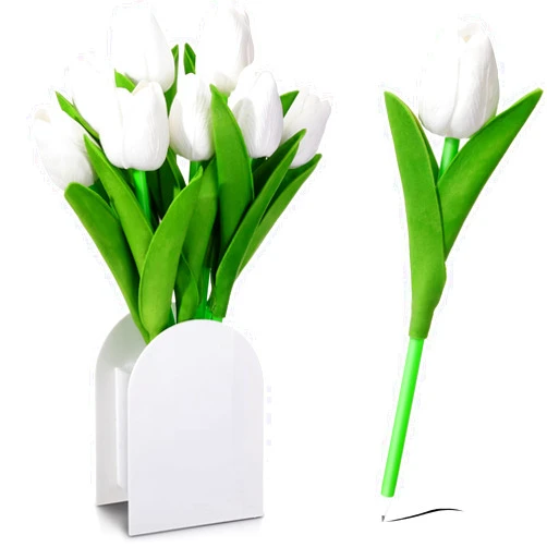Glitinsel 8 Pcs Tulip Flower Pens Gifts, 0.8mm, Flower Ballpoint Pens Novelty Floral Gel Ink Ballpen for Women Mother Teacher Cute Party Favor Supplies Home Office Presents(White)