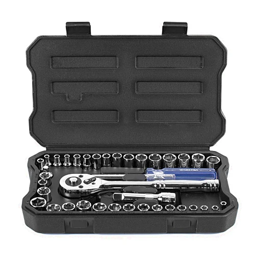 WORKPRO 39-Piece Drive Socket Set 1/4''3/8'', CR-V Metric and Imperial Sockets with Quick-Release Ratchet Wrench, Compact Sockets Set for Car Repair