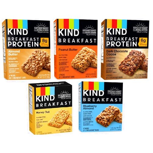 Kind Breakfast Bars New Variety 5 Pack. 1 Box of each: Dark Chocolate, Honey Oat, Peanut Butter, Almond Butter. Total of 40 Bars