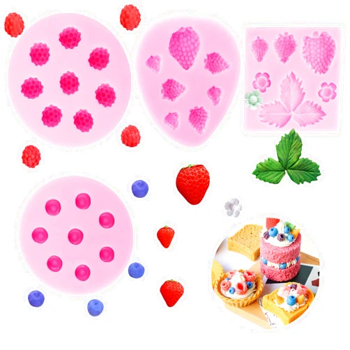 Ywzbomoldrm Blueberry Silicone Mold 4 Pcs, Mini Strawberry Silicone Fondant Mold For Chocolate Fruit Raspberry Chocolate Candle Soap Mold Cupcake Embeds Candles