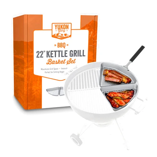 Yukon Glory™ BBQ Grill Basket for Kettle Grills - The Kettle Grill Accessories for Outdoor Grill Set Includes 2 stainless steel grilling baskets & Clip-On Handle Designed for 22