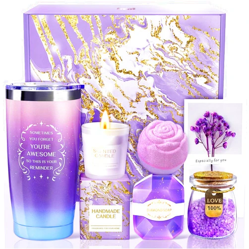 Allemu Gifts for Women, Birthday Gifts for Women, Gift Basket Set for Mom, Wife, Girlfriend, Mother, Her - Happy Birthday, Christmas Gift - Lavender Spa Gift Basket Set Christmas Gifts for Women