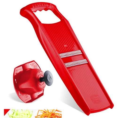 Börner Roko PowerLine Vegetable Slicer Set (2-piece) • Fine Julienne Cutter for Fruit and Vegetables + Safety Guard • Julienne Slicer • Mandoline Slicer Set • Kitchen Slicer (Red)
