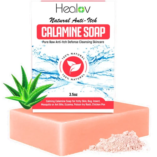 Healov Natural Instant Itch Relief Soap Bar – Calming Calamine Soap for Itchy Skin, Irritation, Insect Bite, Eczema, Ivy Rash, Chicken Pox – Pure Raw Itch Defense Cleansing Skincare