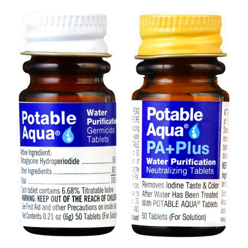 Potable Aqua Water Purification Tablets with PA Plus, Portable and Effective Solution for Camping, Hiking, Emergencies, Natural Disasters and International Travel, Two 50ct Bottles