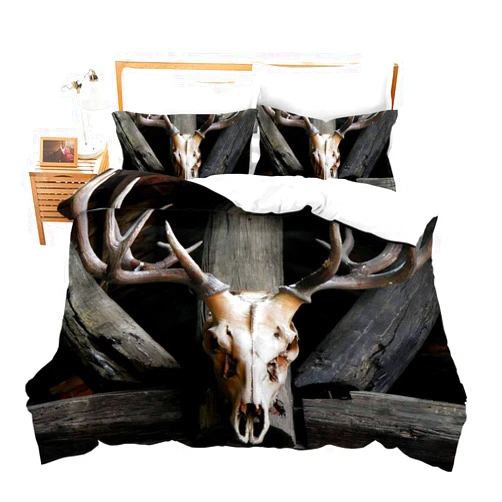 Feelyou Deer Skull Duvet Cover King Deer Head Pattern Decor Bedding Set Wood Print Adult Teen Kids Comforter Cover Antler theme Comforter Cover for Boys Girls Women Horns Bones Decorative Soft Bedding Set