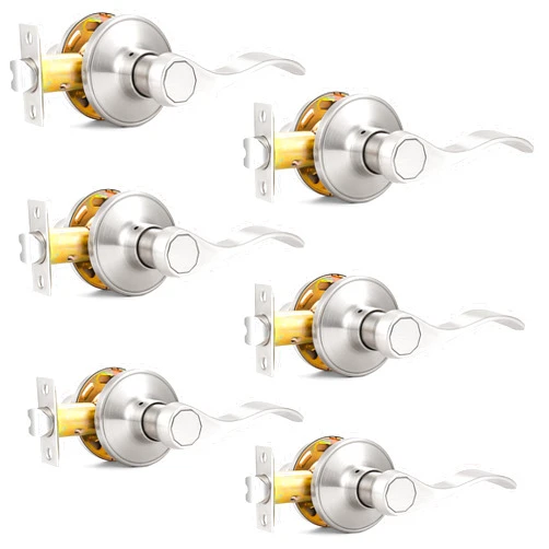 Probrico Satin Nickel Passage Door Levers, Wave Style Handles Keyless Interior Leversets for Hallway and Closet, 6 Pack