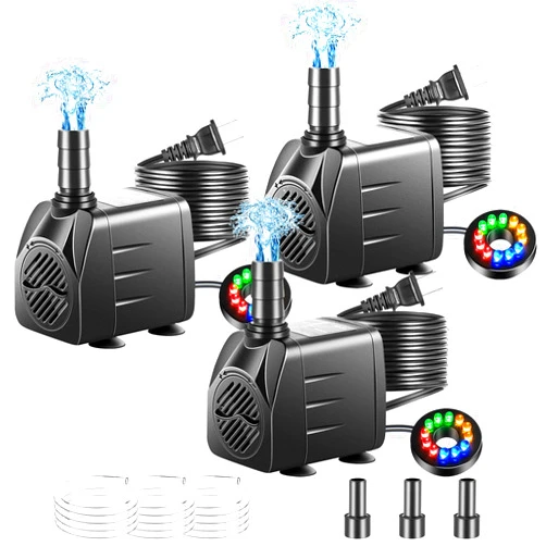 Pamaner 3 Pack Submersible Pump with Led Light, Small Fountain Pump with Tubing, Submersible Water Pump for Aquarium Fish Tank Indoor or Outdoor Pond Fountain Hydroponics Statuary (10W 160GPH)