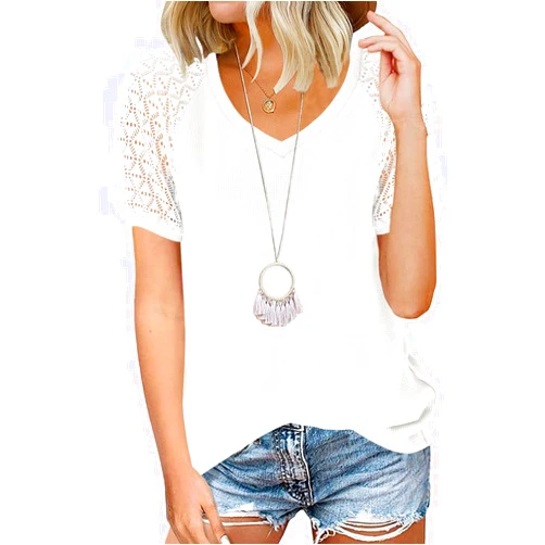 MEROKEETY Women's Summer Lace Short Sleeve V Neck Tops Shirt Loose Casual Waffle Tee Blouse