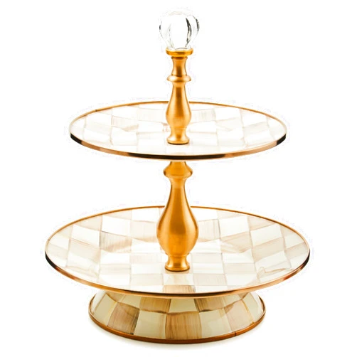 MACKENZIE-CHILDS Enamel Two-Tier Sweet Stand, Two-Tiered Serving Tray for Dessert, Brown-and-White Mocha Check