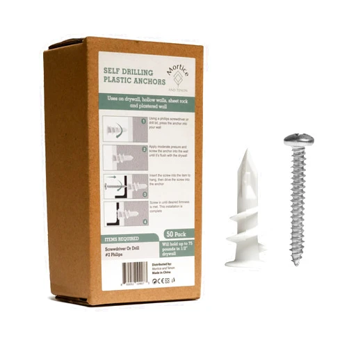 Mortice and Tenon Self Drilling Plastic Drywall Anchors and Screws Kit | Screw in with No Drill Bit Required | 50#8X 1-1/4 Philips Screws and 50 Plastic Anchors