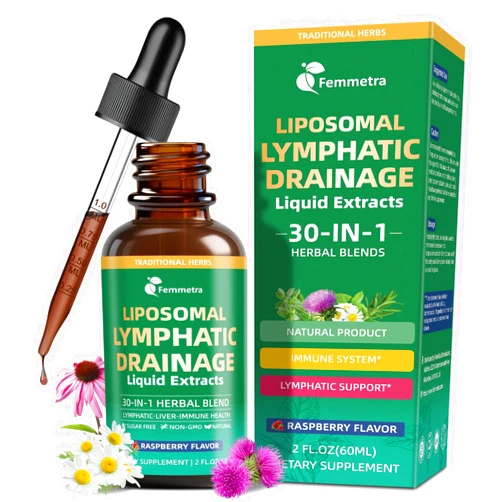 Femmetra Liposomal Lymphatic Drainage Supplements with 30-in-1 Herbal Blend - Echinacea | Oregano | Milk Thistle - Sugar Free Lymph System Drops - Immune Support, Cleanse & Detox, Raspberry Flavor, 2 fl oz