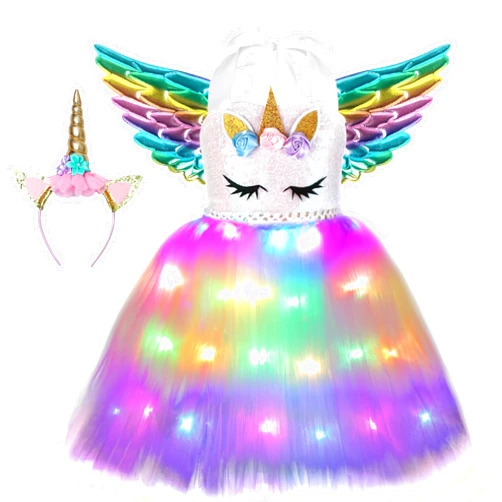 Soyoekbt Girls Unicorn Costume LED Light Up Unicorn Princess Tutu Dress for Birthday Party Halloween with Headband Wing
