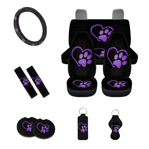 JEOCODY Dog Paws Print Car Seat Cover Full Set for Women Universal Steering Wheel Cover,Seat Belt Pads,Chapstick Holder,Car Coasters,Keychains,Arm Rest Cover Auto Car Seats 11 Pcs