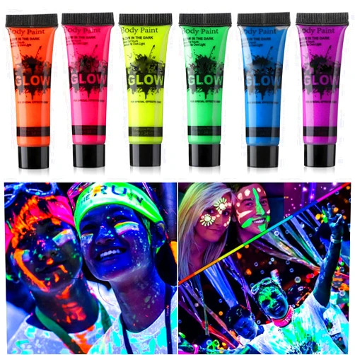 GARYOB Glow in Dark Face Body Paint UV Blacklight Neon Fluorescent 0.34oz Set of 6 Tubes