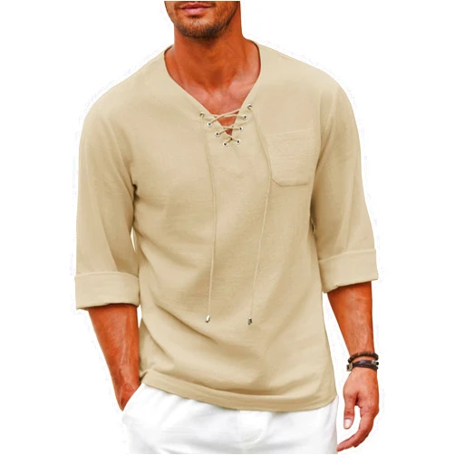 COOFANDY Mens Linen Beach Tee Shirts Cotton Hippie Shirts V Neck Long Sleeve Tunic Big and Tall Yoga Shirt