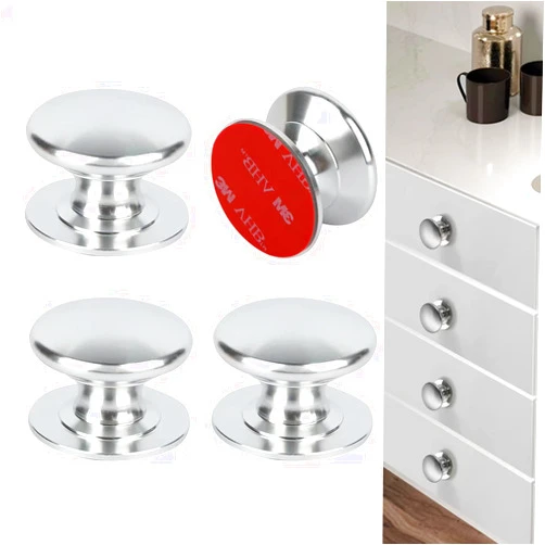 CcHhyyt 4 Pack Aluminum Self-Stick Knobs No Drilling Self-Adhesive Drawer Knobs Silver Cabinet Handle Pull with Adhesive Black Stick On Handle for Cupboard Fridge Dresser Window 4pcs/Set (Silver)