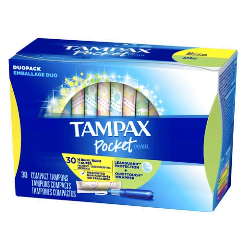 Tampax Pocket Pearl Plastic Tampons, Duopack (Regular/Super Absorbency), Unscented, 30 Count (Packaging May Vary)