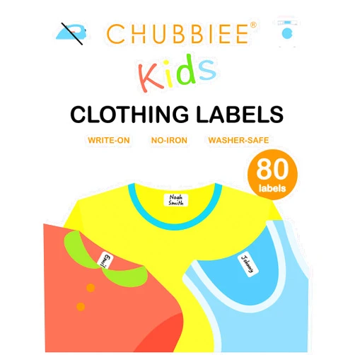 CHUBBIEE All Purpose No-Iron Kids Clothing Labels, Self-Stick Write-On Fabric Labels for Camp, School, Daycare, Nursing Care, Toys, Organizing, Washer & Dryer Safe, Pack of 80