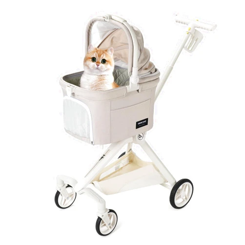 BEBEROAD PETS TT Lightweight Pet Stroller for Small Dogs & Cats - 4-Way Installation Carrier, One-Hand Fold, 180° Canopy Cover & Adjustable Handle (Beige)