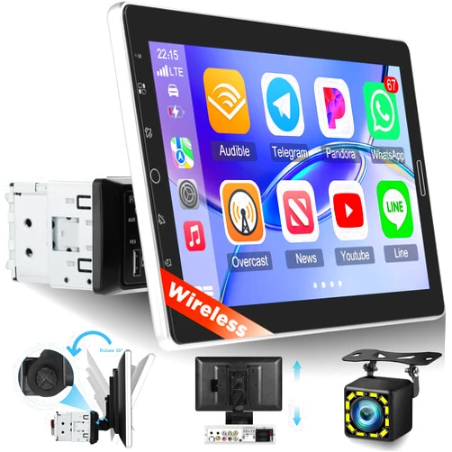 EKAT 10.1 inch Single Din Car Stereo with Wireless Carplay 10 inch Touchscreen Radio Support FM Radio/YouTube Video/Car Play/Android Auto/Bluetooth/SWC + Backup Camera + Mic