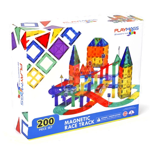 Playmags Magnetic Tiles Race Track Set - 200 Piece STEM Engineering Building Blocks with 2 LED Race Cars, Educational Magnet Toy for Kids