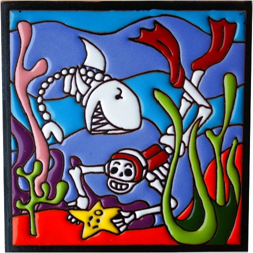 Fine Crafts Imports 6x6 Skuba Diving. Day-of-The-Dead Clay Tile