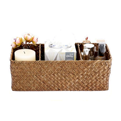 Sumnacon Bathroom Organize Basket, Seagrass Toilet Tank Basket with Section for Tissue Toilet Paper Towel Toiletries, Woven Storage Basket for Kitchen Toilet Tank Vanity Table Shelf Countertop, Coffee