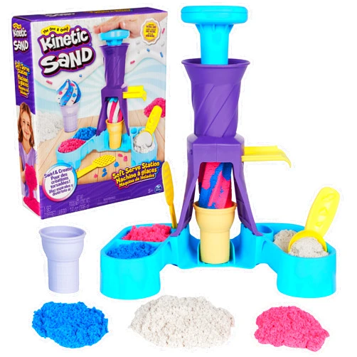 Kinetic Sand, Soft Serve Station with 14oz of Play Sand (Blue, Pink and White), 2 Ice Cream Cones and 2 Tools, Sensory Toys for Kids Aged 5 and up