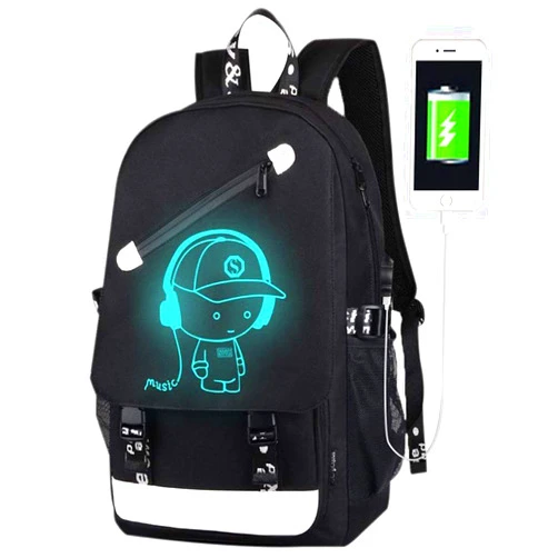 FLYMEI Anime Backpack for Boys, 15.6'' Laptop Backpack with USB Charging Port, Bookbag for School with Anti-Theft Lock, Black Teens Backpack Cool Backpack for Boys, Music Boy