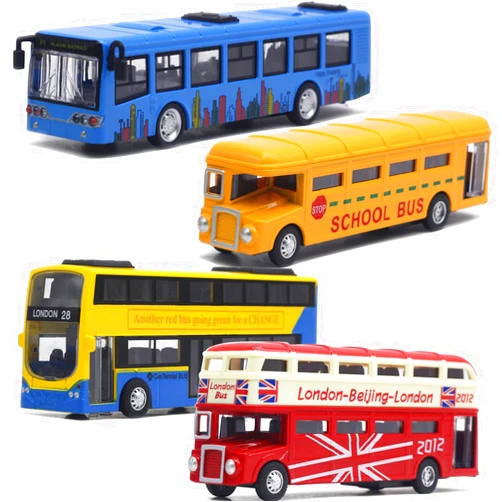 OTONOPI Bus Toys Pull Back School Bus Double Decker London Vehicles City Sightseeing Tour Bus Die Cast Metal Toy Cars Friction Powered Play Vehicle Toy Set for Kids 4 Pack