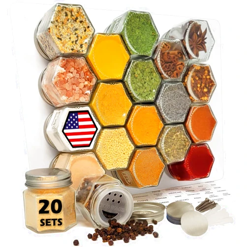 CROSS HOMES Magnetic Empty Small Hexagon Glass Spice Jars 20 Sets with Magnetic Lids, Shaker, Magnetic Board, Spice Labels DIY Spice Tins/ Rack for Refrigerator Fridge Cabinet Wall mount