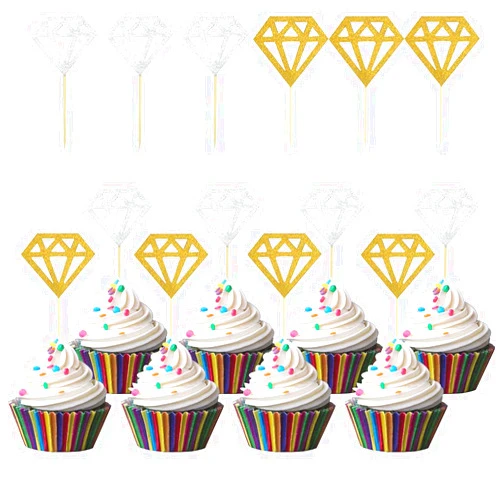 Yuntop 60 Pack Glitter Diamond Cupcake Toppers for Bridal Shower Engagement Wedding Party Birthday Diamond Ring Topper for Donuts Diamond Donut Picks Cake Decorations Dessert Supplies (Silver + Gold)