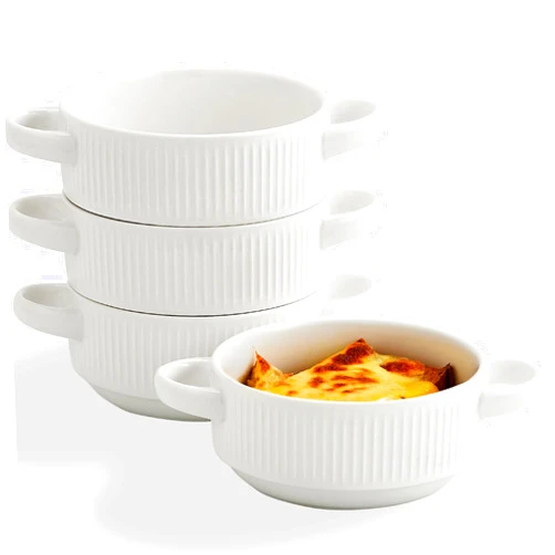 Hoilse Ceramic Soup Bowls with Handles, 20 oz French Onion Soup Bowls Set of 4, Stackable Soup Crocks for Soups, Chili, Beef Stew, Microwave and Oven safe - 5.4inch, White