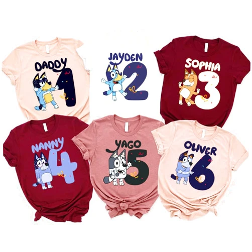 YUMAQ Personalized Family Birthday Shirt, Matching Birthday Shirts for Family, Friends Matching Shirt, Custom Name Birthday T-Shirt for Kids Toddler, Cartoon Characters Shirts