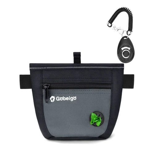 Gobeigo Dog Treat Pouch and Training Clicker, Upgrade Two Magnetic Closure to Prevent Spills, 2 Cup Treat Bag with Poop Bag Dispenser, Metal Clip Waist Belt Fanny Pack for Pet Walking (Black/Gray)