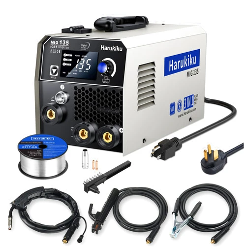 Harukiku 130A MIG Welder 110V 220V Dual Voltage Flux Core Welder, Flux MIG/Lift TIG/Stick 3-in-1, AI Welding Assistant Synergistically, MIG-135