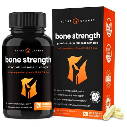 NutraChamps Bone Strength Supplements | Plant Based Calcium Supplement 600mg | Vitamin D3 2000 IU, K2, Magnesium, Potassium, Zinc, Boron & Strontium | Whole Food Supplement for Bone Health | 120 Vegan Capsules
