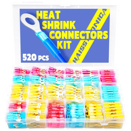 haisstronica 520PCS Marine Grade Heat Shrink Wire Connectors-Electrical Connectors Kit of Tinned Red Copper,16-14 22-16 12-10 Gauge Crimp Insulated Ring Fork Spade Butt Splices(3Colors/24Size)