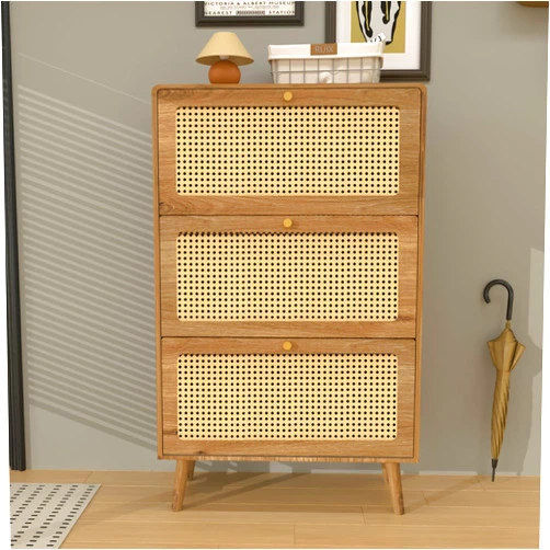 UIKJIM Freestanding Shoe Cabinet with 3 Flip Drawers and 2 Layer Shoe Shelf, Natural Rattan Shoe Storage Organizer for Entryway, Hallway, Living Room and Porch, Slim and Space-Saving Design (Natural)