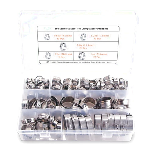 PADTON PEX Clamp Assortment Kit, 85 Pieces Stainless Steel PEX Fittings Crimp Rings Cinch Clamps Sizes 3/8’’, 1/2’’, 3/4’’, 5/8’’, 1’’ for PEX Tubing Pipe Fitting Connections (Assortment Kit)