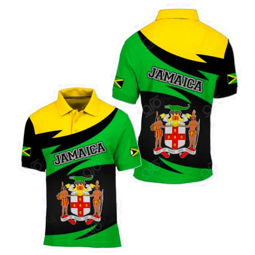 Custom Jamaica Coat of Arms Style V2 Unisex Adult Polo Shirt, Mens Polo Shirts for Gifts, Short Sleeve Men's Shirt Colorful
