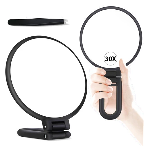 B Beauty Planet 30X Magnifying Mirror, Hand Mirror with Handle, Double Sided Hand Mirror with 30X/1X Magnification, Travel Essential Portable Foldable Makeup Mirror for Precision Makeup Black