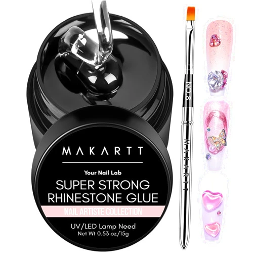 Makartt Rhinestone Glue for Nails, 15ml Clear Nail Gem Adhesive with Brush Kit for 3D DIY Decorations, Super Strong Bling Gel for Jewelry Diamonds