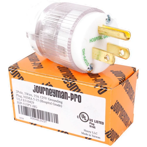 Journeyman-Pro 15 Amp Hospital Grade Male Plug 110V by Journeyman-Pro, NEMA 5-15P, 120-125 Volt, Green Dot, Rewireable Straight Blade, Replacement Power Cord End, White Nylon UL Listed 15A 125V HJP-515PH (1)