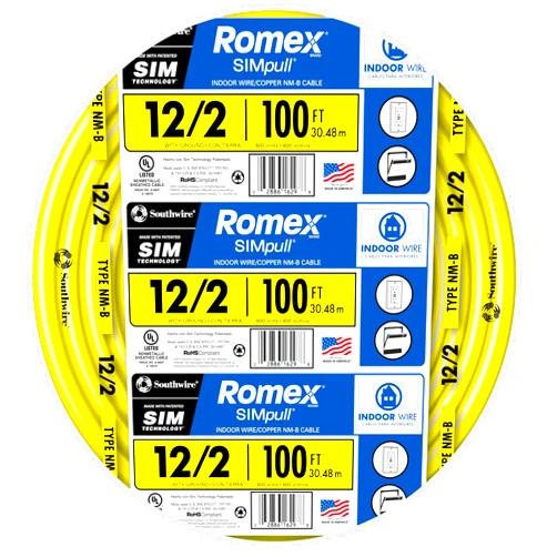 Southwire Romex Brand Simpull Solid Indoor 12/2 W/G NMB Cable 100ft coil - SW# 28828228