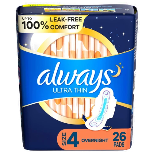 Always Ultra Thin Pads for Women, Size 4 Overnight Absorbency, Unscented with Wings, 26 Count